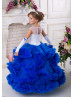 White Lace Royal Blue Tulle Ruffled Keyhole Back Flower Girl Dress